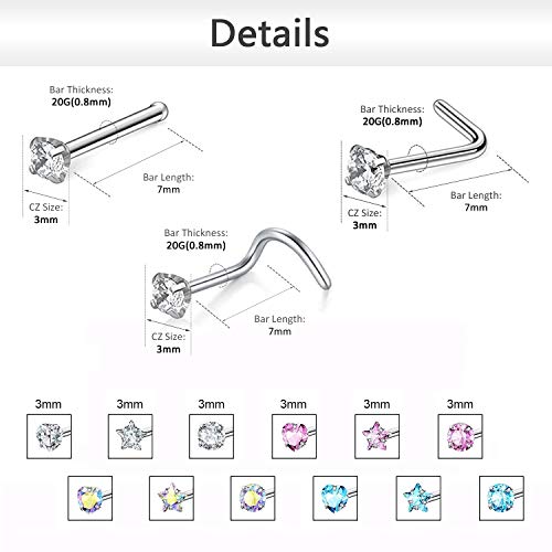 ZS 20G Nose Stud Rings Set, Stainless Steel CZ Nose Piercing Jewelry | Hypoallergenic Nose Bone Rings, L Shaped & Screw Nose Studs, 3mm CZ Stone Nostril Jewelry for Women Men - color: 9pcs Mixed style(AB White)