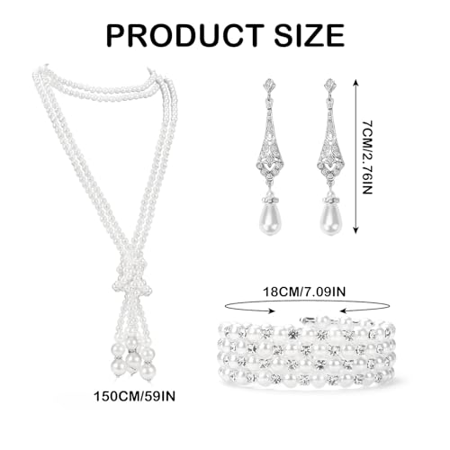 1920s Pearl Jewelry Set - Long Pearl Necklace, Earring Set, Multilayer Bracelet - Flapper Accessories for Women - color: Delicate