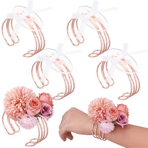 Hotop 4 Set Rose Gold Cuff Corsage Bracelets for Women Hammered Wrist Corsage Adjustable Cuff Bangle with Ribbon Minimalist Stackable Jewelry for Wedding Bridesmaid Bridal Party Prom - color: Rose Gold, style: Layered Hammered
