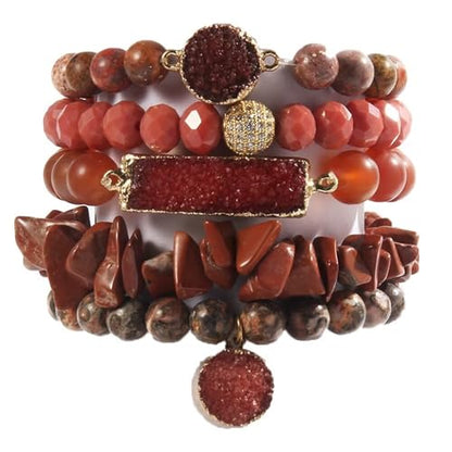 Yomisa 5PCS 6PCS Natural Boho Beaded Bracelets/Bangle for Women Men,Healing Turquoise Jasper Agate Crystal Gemstone Stone Chakra Multilayer Wrap Bohemian Handmade Jewelry Beads Stretch Bracelet Set - color: 5PCS-Red