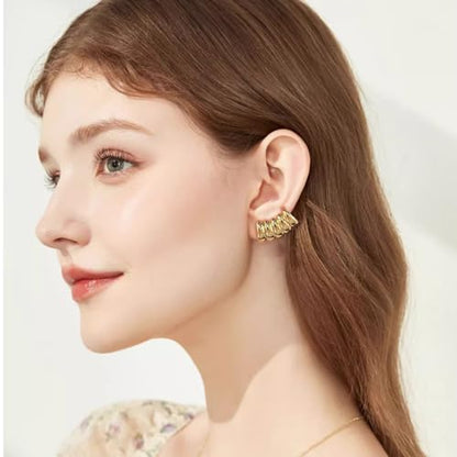 Dainty Stripe Hollow Cuff Wrap Climber Crawler Earrings for Women Gold Plated Stainless Steel Minimalist Hypoallergenic Clip On Stud Unique Design Fashion Trendy Jewelry Gift