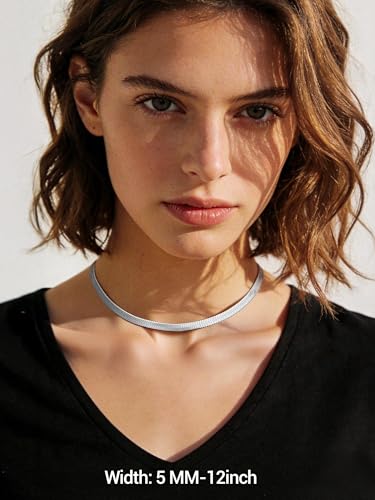 PROSTEEL 3mm/5mm Herringbone Choker Necklace for Women, 12.5"/15"/18", Stainless Steel/Sterling Silver Flat Snake Chain in Silver/Yellow Gold/Rose Gold/Black, Come with Box - color: 5mm-Stainless Steel, size: 18 Inch