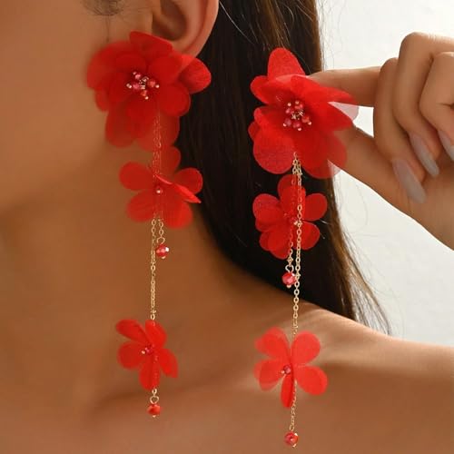 Flower Earrings for Women Long Fabric Flower Tassel Earrings Bohemian Handmade Floral Statement Earring Wedding Prom Jewelry Gifts - color: A5：red