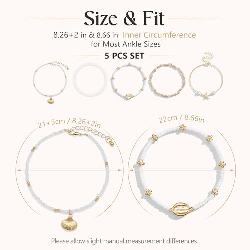 Fesciory Shell Ankle Bracelets for Women, Gold Plated Boho Beach Anklet Set | Adjustable Pearl Bead Anklet Set with Starfish, Conch and Seashell Charms for Beach Outfits, Vacations, Parties and Gifts - color: Gold-7