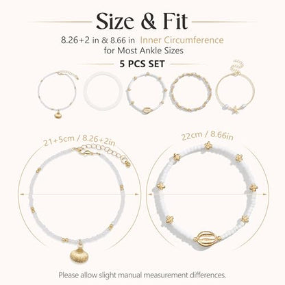 Fesciory Shell Ankle Bracelets for Women, Gold Plated Boho Beach Anklet Set | Adjustable Pearl Bead Anklet Set with Starfish, Conch and Seashell Charms for Beach Outfits, Vacations, Parties and Gifts - color: Gold-7