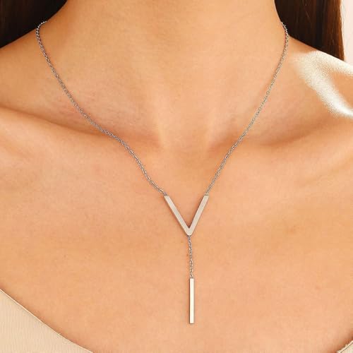Simple Gold Bar Necklace for Women,Dainty Long Chain Lariat Necklaces Trendy Silver Statement Y Necklace,Charm Everyday Jewelry Accessories Gifts - color: Silver