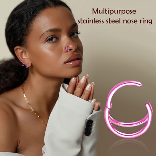 Titanium Septum Rings, Nose Rings Hoops for Women, Segment Nose Rings 16G 8mm/10mm Hypoallergenic Cartilage Conch Helix Rook Hoop Earrings - color: Double Stacked-Pink, size: 16 Gauge 8mm