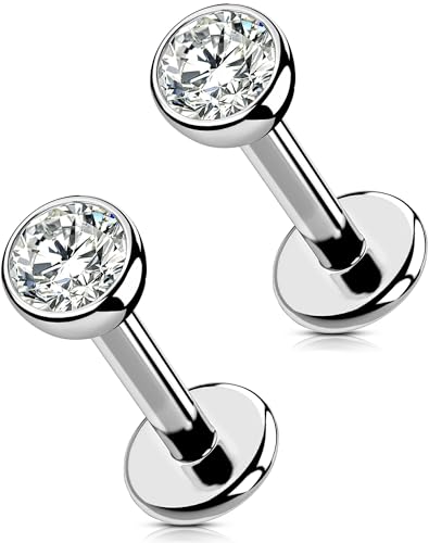 OUFER 2Pcs 20G/18G/16G G23 Titanium Threadless Nose Stud Earrings Flat Back Tiny CZ Small Nose Helix Cartilage Tragus Conch Labret Medusa Monroe Piercing Jewelry for Women Men - color: Silver, size: 2pcs, 16g 6mm, 3mm cz