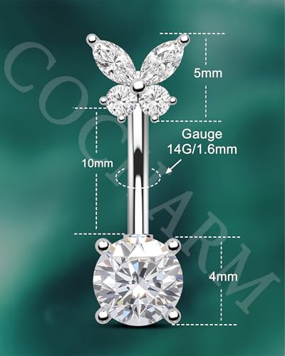 COCHARM 14G Butterfly Belly Button Rings Stud Silver Belly Navel Rings for Women Clear Belly Piercing Jewelry Stainless Steel