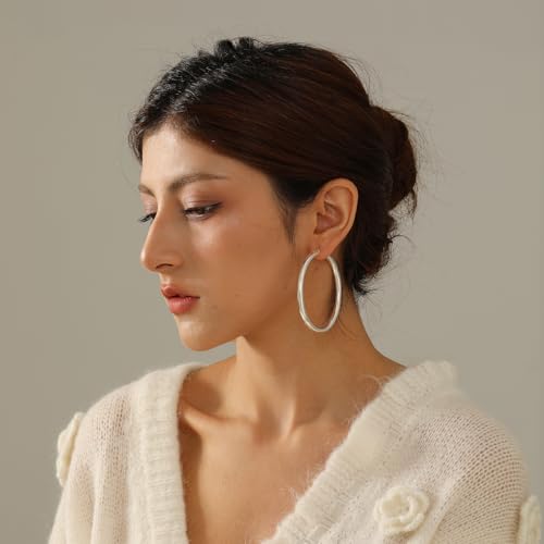 4mm Thick Gold Chunky Earrings Steling Silver Post Hoops Earrings For Women Hollow Tube Hoops Earrings Thick Gold Hoop Earrings Hypoallergenic Lightweight Gold Hoop Large Earrings 20/30/40/50/60MM - color: Silver,60mm