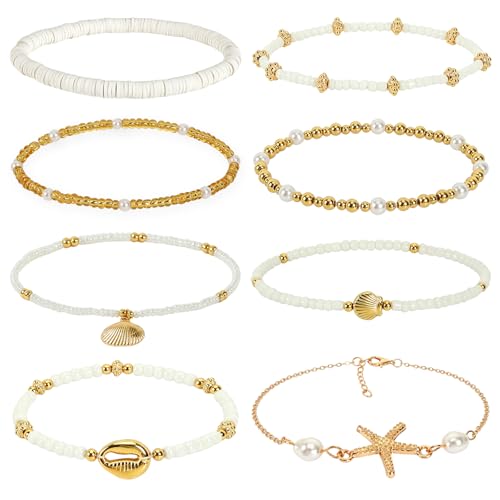 8Pcs Boho Shell Anklets Set, Adjustable Summer Beach Foot Jewelry | Handmade Seashell Starfish Ankle Bracelets for Women, Ocean Accessories for Summer Vacations, Hawaiian Trips or Pool Parties