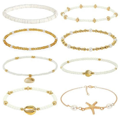 8Pcs Boho Shell Anklets Set, Adjustable Summer Beach Foot Jewelry | Handmade Seashell Starfish Ankle Bracelets for Women, Ocean Accessories for Summer Vacations, Hawaiian Trips or Pool Parties