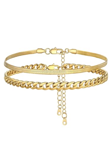 FOCALOOK Anklet Bracelets Set for Women, 14K Gold Plated Layered Anklet Set | Adjustable for Large Ankle, Cuban/Snake/Figaro/Paperclip Chain, Waterproof & Non Tarnish for Everyday Wear, Beach & Summer - color: A:2Pcs-Anklet Set-Gold
