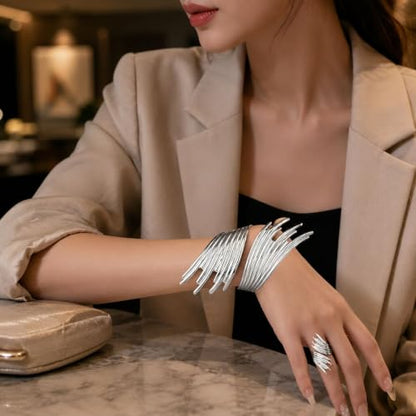 72ore Gold Jewelry Sets for Women Chunky Silver Cuff Bracelet Statement Bangle Bracelet and Ring Fashion Jewelry Open Cuff Wrist Trendy Jewelry Set Gift for Women - color: A2:silver