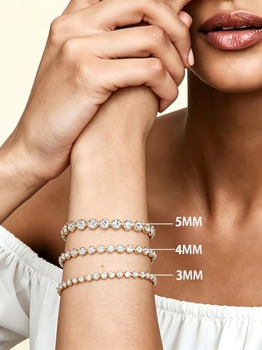 Sterling Silver 14K Gold Plated 2.5mm/3mm/4mm/5mm Round Cut Moissanite Tennis Bracelet, Classic Luxury Bezel Set Diamond Bracelets for Women Men Wedding Birthday Jewelry, Size 6.5" 7" 7.5" 8.3" - color: CZ-4mm Width-Gold, size: 7.0 Inch (Fit Wrist 6"-6.5"