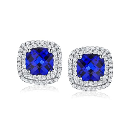Dainty Birthstone Earrings for Women Sterling Silver Small Stud Earrings with Halo Cushion/Round Created Gemstone Earrings Birthstone Jewelry - style: A 09. Sep./created blue sapphire-cushion cut