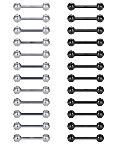 VCMART 12mm-18mm 14G Tongue Rings Nipple Straight Barbells Surgical Steel Body Piercing Jewelry - style: Style C -24pcs, silver & black