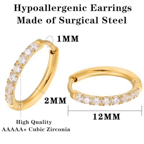 316L Surgical Steel Huggie Hoop Earrings | Dainty Pave Cubic Zirconia Cartilage Tiny Earring for Sensitive Ears Hypoallergenic Lightweight for Women Men - style: Gold Plated,20G*12mm