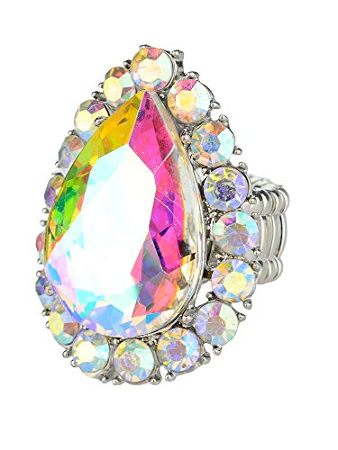 NYFASHION101 Radiant Teardrop Stone Adjustable Cocktail Statement Ring - color: Aurora Borealis/Silver-Tone