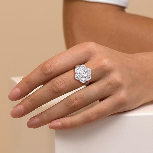 Flower Cocktail Ring for Women Stone Engagement Anniversary Rings | Sterling Silve|Hypoallergenic|Ruby|Sapphire|Emerald|Wedding and Birthday Party Women Statement Ring|Mother and Grandma Gift - color: CZ (April)