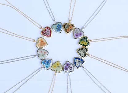 Handmade Heart Shaped Dried Pressed Forget Me Not Flower Photo Locket Pendant Necklace - color: Gold, style: Lavender On red purple