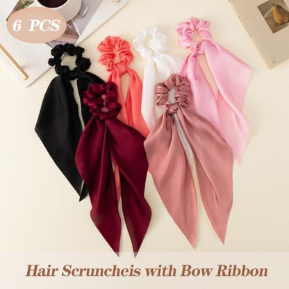 6 PCS Scrunchies with Bow, Silky Satin Bow Hair Ties | Hair Scarf Scrunchies for Women Girls, Knotted Bows Silk Hair Ties, Satin Hair Ribbon Elastic Hair Tie, Long - color: Red&Black