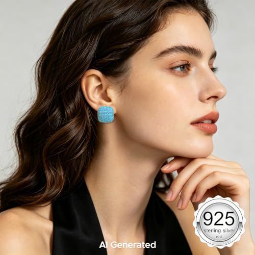 18K Gold Plated Chunky Square & Round Cubic Zirconia Stud Earrings for Women, Hypoallergenic 925 Silver Post Simulated Diamond Wedding Prom Party Bridesmaid Daily Fine Jewelry Gift for Mom Wife Friend - color: EA355-Square-Silver Turquoise