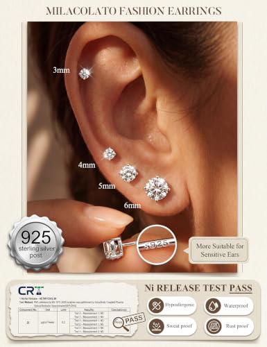 MILACOLATO S925 Sterling Silver Stud Earrings for Women Men Hypoallergenic 18K Gold Plated Cubic Zirconia Earrings Studs Brilliant Simulated Diamond Halo Earring for Sensitive Ears - style: 18K White Gold Plated - Round CZ