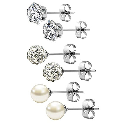 JewelrieShop Birthstone Studs Earring Set Cubic Zirconia Rhinestones Crystal Ball Faux Pearl Stainless Steel Stud Earrings for Women Jewelry Gift (6mm Round,3 Pairs) - color: 4) Apr. - White