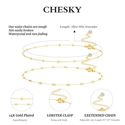 CHESKY Waist Beads for Women, 14k Gold Plated Waist Chain Gold Chain Belt for Womens Simple Body Chain Jewelry Belly Chain Beach Accessories Dainty Gold Jewelry for Women Gifts Rave Outfits for Womens - style: bead layered chain-gold