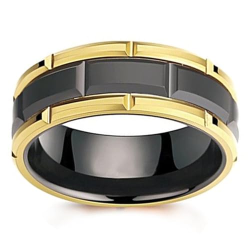 (8mm) Unisex or Men's Tungsten Carbide Wedding Ring Band. Black and Yellow Gold Brick Pattern Comfort Fit Grooved Ring. - size: 11