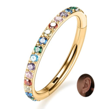 PEAKLINK Nose Ring 316L Surgical Steel Helix Cartilage Conch Earring with Gem Septum Clicker Daith Rook Tragus Lip Belly Ear Lobe Piercing Jewelry Nose Hoop, Diameter 5mm to 12mm - color: Gold with Mix Color CZ