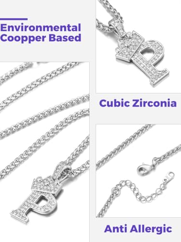 Richsteel Silver Crown Initial A-Z Letter Pendant Necklace for Men Women | Cubic Zirconia Monogram, 316L Steel Chain, 22" + 2" Extender,Hypoallergenic,Gift Box, Hip Hop Jewelry - style: P