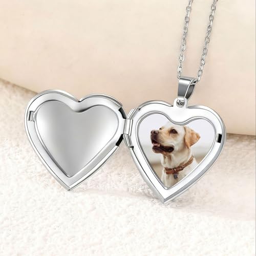 PHOCKSIN Personalized Locket Necklace for Women Photo Necklace with Customized Picture Birth Flower Birthstone Customizable Birthday Gifts - color: #02-Heart Silver Pawprint