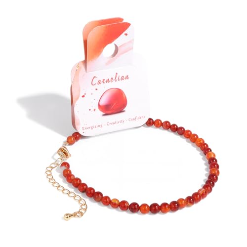 Natural Stone Beaded Anklets for Women, Handmade Boho Clear Quartz 4mm Crystal Beads Anklet, Gold Chain Adjustable Ankles Bracelet, Beach Summer Jewelry Gemstone Foot Bracelet Gift - color: Carnelian