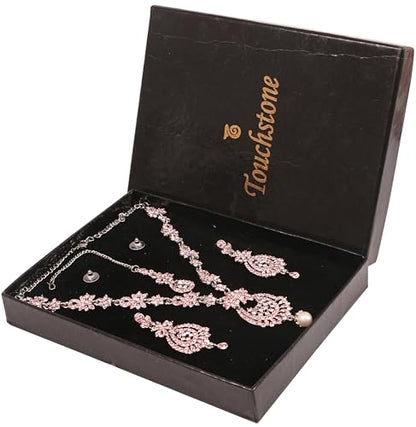 Touchstone Indian jewelry sets for women maang tikka wedding guest gold necklace bollywood jewellery set pageant elegant prom bride accessories western crystal chunky rhinestone necklaces - color: Pink rose in silver plating