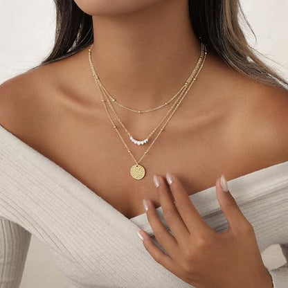Layered Gold Necklace Set for Women Dainty Waterproof Cute Choker | 14K Gold Plated Minimalist Non Tarnish Lightweight CZ Pendant Pearl Twist Paperclip Chain Jewelry Gifts - style: 3PCS-Zircon round pendant-GD