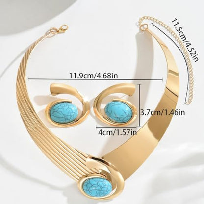 Gold Jewelry Set Vintage Spiral With Oval Black Acrylic Pendant Necklace Earrings Bracelet Ring Set Bohemian Trendy Party Jewelry For Women - style: B