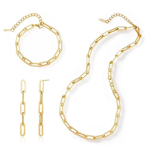 KesaPlan Gold Chain Necklace Bracelet and Earrings for Women Silver Chunky Jewelry Set, 14K Gold Plated Ladies Dainty and Chunky Chain Link Paperclip Jewelry Set for Women Gifts - style: Paperclip Set Gold 1