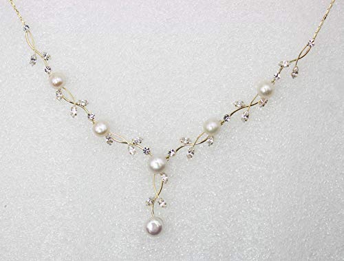 Faship Genuine Freshwater Pearls Floral Necklace Earrings Set | Premium CZ Crystal, Gorgeous, Sparkling - color: Clear/Gold-plated