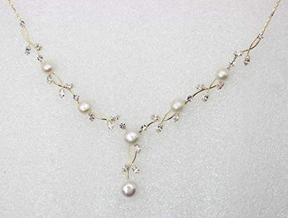 Faship Genuine Freshwater Pearls Floral Necklace Earrings Set | Premium CZ Crystal, Gorgeous, Sparkling - color: Clear/Gold-plated