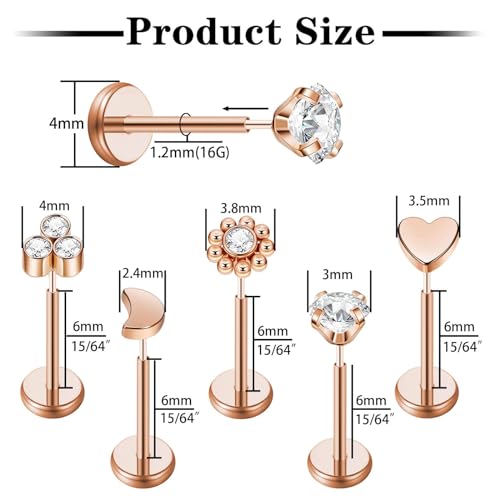 Uni-J 10pcs 20G/18G/16G Threadless Push-in Tragus Conch Cartilage Flat Back Helix Labret Monroe Lip Ring Daith Piercing Jewelry - color: 16G Rose Gold 6mm