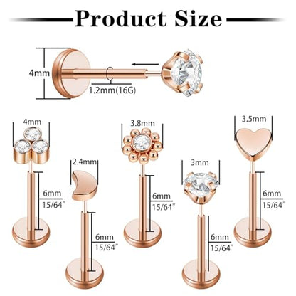 Uni-J 10pcs 20G/18G/16G Threadless Push-in Tragus Conch Cartilage Flat Back Helix Labret Monroe Lip Ring Daith Piercing Jewelry - color: 16G Rose Gold 6mm