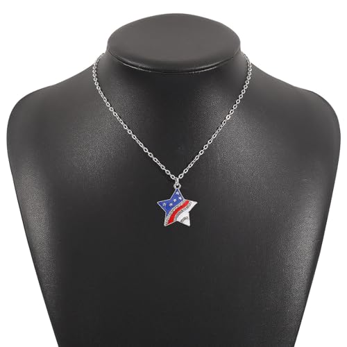 HUJUON American Flag Pendant Necklace Earring Set for Women 4th Of July Butterfly Drop Dangle Hook Earring Independence Day Usa Patriotic Choker Jewelry Gift - color: Star Silver