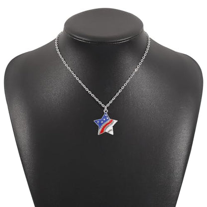 HUJUON American Flag Pendant Necklace Earring Set for Women 4th Of July Butterfly Drop Dangle Hook Earring Independence Day Usa Patriotic Choker Jewelry Gift - color: Star Silver
