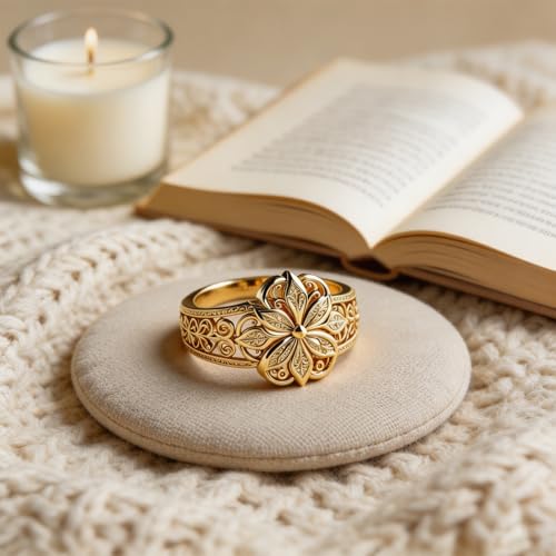Chunky Gold Flower Ring For Women, Vintage Classic Engraved Hollow Plumeria Flower Pattern Stackable Thumb Ring, Promise Stackable Wedding Engagement Couples Men Jewelry Gift