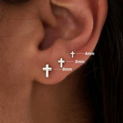 3 Pair Tiny Flat Back Earrings for Women - 14K Gold/White Gold Plated Dainty Cute Small Screw Flatback Stud Earring, Everyday Wear Gift - color: Cross-Flat 4/5/6mm Silver