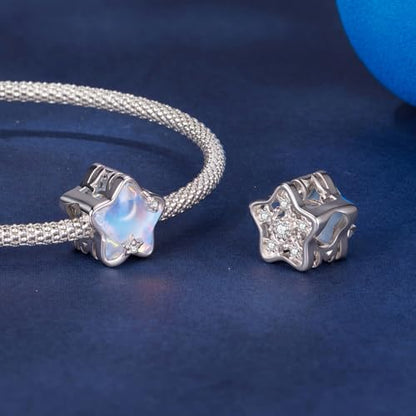 Celestial Bead Charms for Bracelets, Star Moon Dreamcatcher Dangle Charms, Silver Tone Copper, Glass Resin CZ Accents, Charm Beads for Women Jewelry Making, Gift Box Included - color: Opal Star Bead Charm