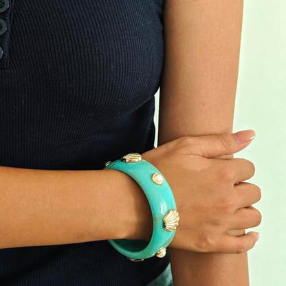 2PCS Chunky Acrylic Bracelet for Women Large Square Resin Cuff Vintage Open Bangle Bracelets Wide Geometric Jewelry - style: O-Shell - Blue