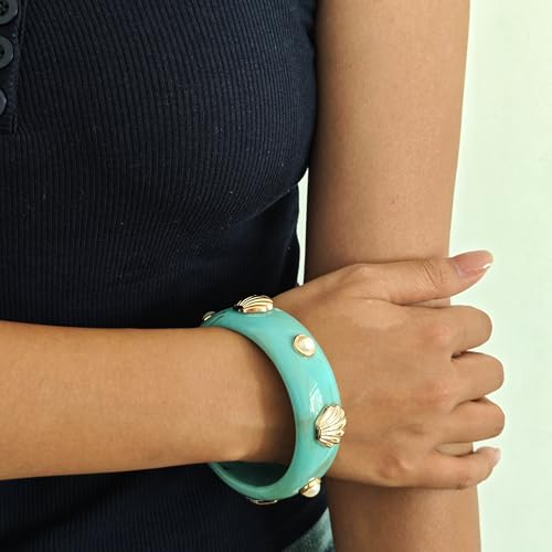 2PCS Chunky Acrylic Bracelet for Women Large Square Resin Cuff Vintage Open Bangle Bracelets Wide Geometric Jewelry - style: O-Shell - Blue